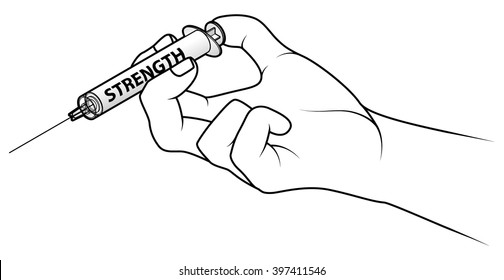 Hand holding a syringe. Concept: injecting strength.