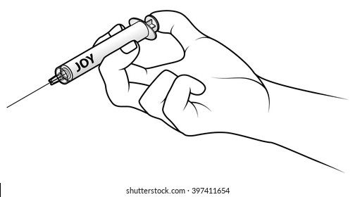 Hand holding a syringe. Concept: injecting joy.