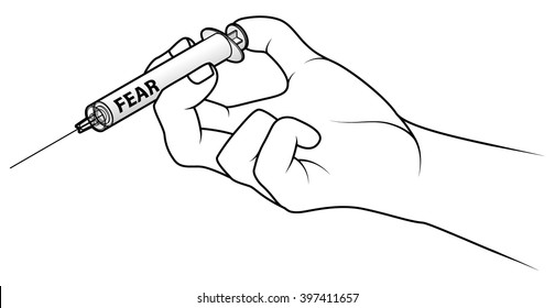 Hand holding a syringe. Concept: injecting fear.