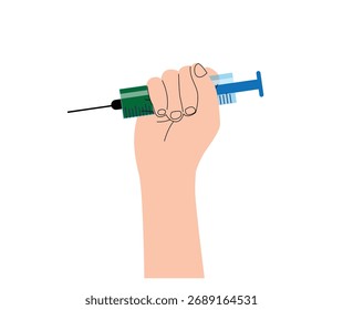 Mano que sostiene un estilo plano de la jeringuilla aislado en blanco. Medicina y Arte vectorial de atención médica