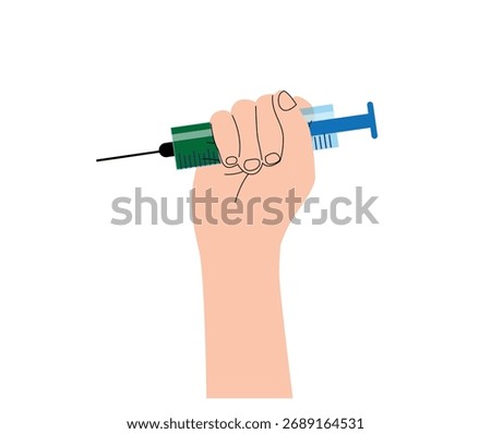 Hand Holding a Syringe Flat Style Isolated on White. Medicine and health care vector art