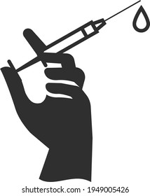 hand holding syringe icon in black and white. vaccination vector illustration