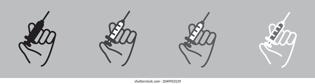 Hand, holding syringe icons set. Needle, medication, injection. Vaccination concept. Vector
