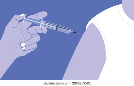 hand holding the syringe inject a drug (coronavirus disease covid-19) to human's shoulder tip.vector illustration eps10