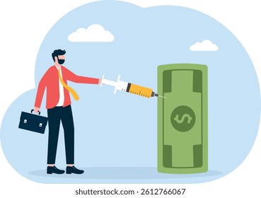 Hand holding a syringe to inject medication into dollars

