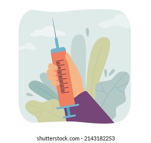 Jeringa de sujeción manual con ilustración vectorial plana de inyección. Vacunación de coronavirus o gripe. Inmunización, salud, medicina, concepto de tratamiento para banner, diseño de sitios web o página web de aterrizaje
