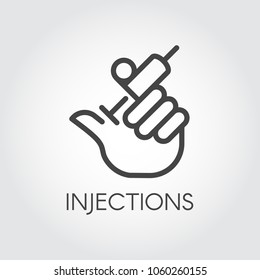 Hand holding syringe with injection line icon. Medical symbol, vaccination, treatment, cosmetology, botox concept. Web button or logo for websites and mobile apps. Vector illustration