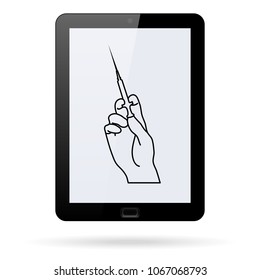 Hand holding a syringe line vector icon on a realistic tablet. Flat design style