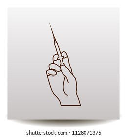 Hand holding a syringe line vector icon. Flat design style