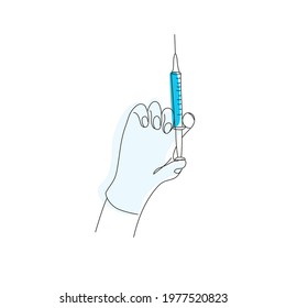 Hand holding a syringe. Modern linear art. Needle, medicine, injection. Treatment concept. Can be used for topics such as healthcare, vaccine, immunization.