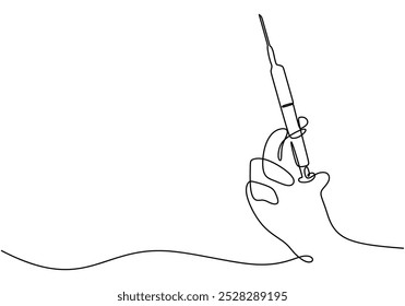 Hand holding syringe with needle continuous line drawing. Healthcare concept. Vector illustration minimalist isolated on white background.