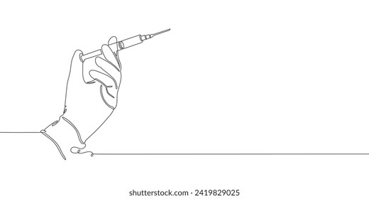 Hand holding syringe with needle. One line art. Vaccination, health care injection. Medical concept. Hand drawn vector illustration. Editable vector eps