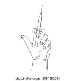 Hand holding syringe, one line art, continuous contour, hand drawn. Coronavirus vaccination, health care injection, treatment,preventive measures.Medical concept,injection dose.Editable stroke.Isolated.