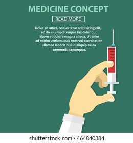Hand holding syringe with red injection. Medicine illustration in flat style