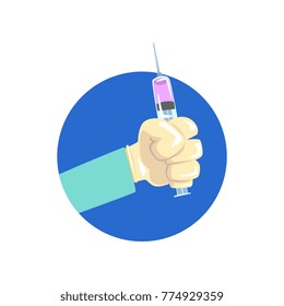 Hand holding syringe, symbol of the profession of a doctor cartoon vector Illustration