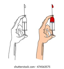 Hand holding a syringe tip up thumb squeeze excess air with a drop of liquid. A typical hand movement medic. Stylized digital artwork.