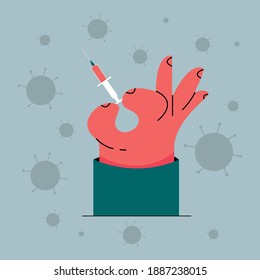 Hand holding a syringe with a vaccine against coronavirus. Pandemic treatment concept. Flat vector illustration.