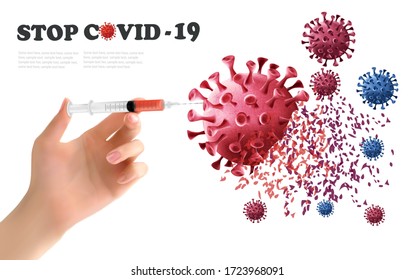 Hand holding syringe with vaccine destroying virus COVID - 19 molecule. Stop Coranavirus concept background. Vector illustration