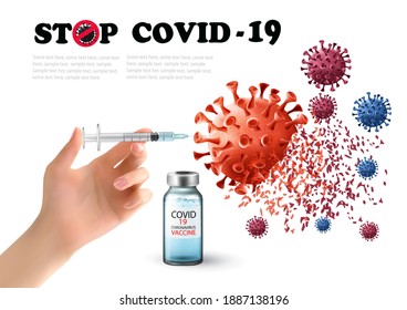 Hand holding syringe with vaccine destroying virus COVID - 19 molecule. Stop Coranavirus concept background. Vector illustration