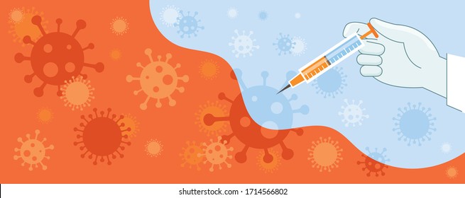 Hand Holding Syringe, Vaccine Injection, Virus Background, Prevention of Covid-19, Coronavirus Disease