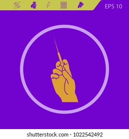 Hand holding a syringe vector icon on a violet background. Flat design style