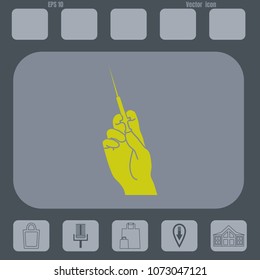Hand holding a syringe vector icon on a gray cine-film background. Flat design style