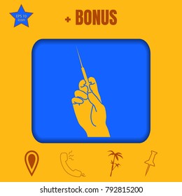 Hand holding a syringe vector icon. Flat design style