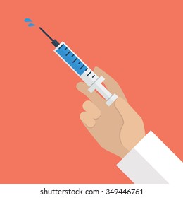 Hand holding syringe. Vector Illustration