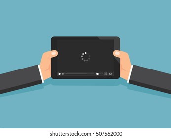 Hand holding tab with browser player. Download sign. Load icon. Data loading bar Flat design Mockup. Cartoon hands and tablet with shadow on blue background. Sample template.