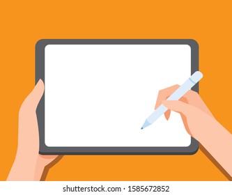 hand holding tab with touch pen, drawing and writing use tablet and pen, portable gadget for office and hobbies. mockup template in flat illustration editable vector