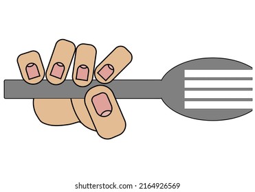 Hand, die eine Tischgabel hält einzeln auf weißem Hintergrund auf Cartoon-Stil auf Vektorgrafik