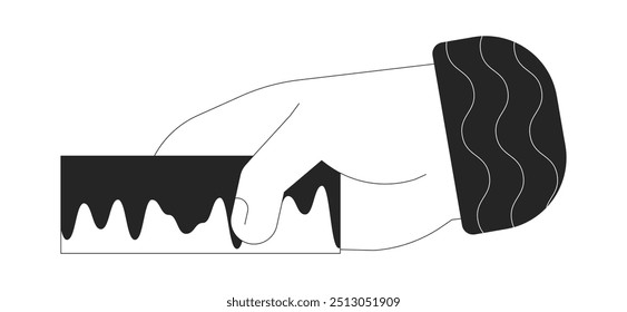 Mesa de mão com ilustração infográfica. Análise de dados de negócios. informações de pesquisa de marketing isoladas imagem vetorial 2D preto e branco. clip-art de desenho monocromático