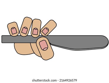 Mano sosteniendo un cuchillo de mesa, aislado sobre fondo blanco en estilo de caricatura en gráfico vector