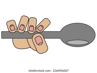Hand holding a tablespoon, isolated on white background in cartoon style in vector graphic