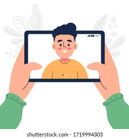 Hand holding tablet app video call with friend vector illustration