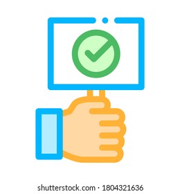 Hand Holding Tablet With Approved Mark Vector Icon Thin Line. Approved Sign On Document File, Protection Shield And Opened Carton Box Concept Linear Pictogram. Contour Illustration