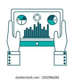 hand holding tablet with bar graph diagrams statistics