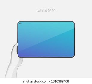 Hand holding tablet with bezel-less design and in-screen selfie camera. All-screen tablet with an 16:10 aspect ratio on white backgound. Modern concept for web design. EPS10