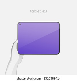 Hand holding tablet with bezel-less design and in-screen selfie camera. All-screen tablet with an 4:3 aspect ratio on white backgound. Modern concept for web design. EPS10