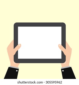 hand holding a tablet with a blank screen