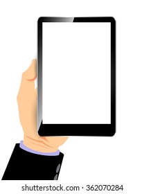 hand holding a tablet with a blank screen
