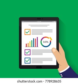 hand holding tablet. businessman read financial analysis report with  chart and graph. flat design for business concept Vector illustration