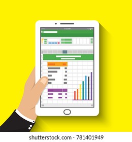 hand holding tablet. businessman read spreadsheet financial analysis report with chart and graph. flat design for business concept Vector illustration.