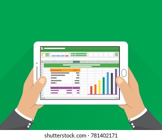 hand holding tablet. businessman read spreadsheet financial analysis report with chart and graph. flat design for business concept Vector illustration.