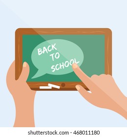 hand holding tablet chalkboard with text illustration isolated in a light blue background