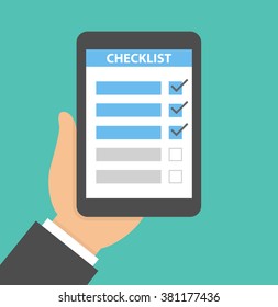 Hand holding tablet with checklist on it. Flat style