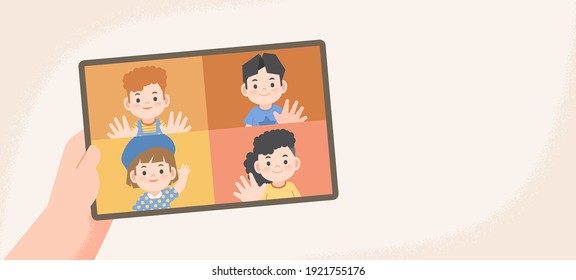 una tableta de mano sujetando niños video llama al grupo social en línea para conectarse con amigos de distancia de la ilustración de lugar vector y de la frase de la pancarta del espacio.