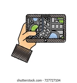hand holding tablet with city map navigator