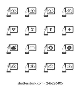 Hand holding tablet with Cloud computing icons set.