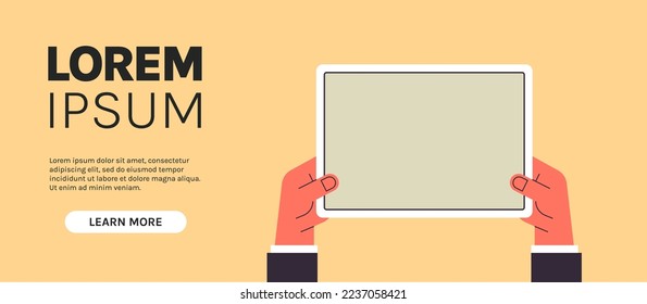 Hand holding tablet computer with blank screen and using digital tablet pc screen view flat vector illustration.